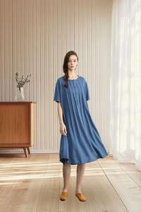 Short Sleeve <b>Linen</b> Midi <b>Dress</b> Casual Summer Round Neck Minimalist <b>Dress</b> Wholesale Manufacturer - Product Image 4