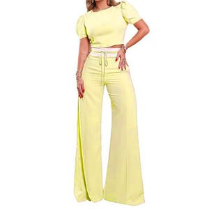 Spring and Summer New Round Neck <b>Bubble</b> Sleeve <b>Top</b> Tie Wide Leg Pants Women's Casual 2 Piece Set Fashion - Product Image 4