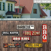 Letrero metálico largo con diseño de zona de barbacoa, decoración retro para pared de barbacoa, placa de hojalata para maestros de la parrilla, para patio trasero, cocina