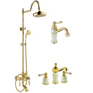 European style High-end brass gold and Jade bath faucet and bathroom shower set