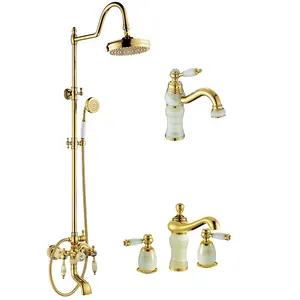 Europese stijl High-end messing goud en Jade bad kraan en badkamer douche set