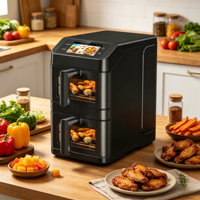 Friteuse à air 2x5L à double panier avec écran tactile 4,3'', recettes intégrées, connexion Wi-Fi, application de recettes OTA, cuisson visible