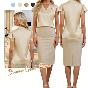 Blusa Feminina de Cetim com Decote V e Manga Franzida, Elegante e Sedosa, Casual para o Trabalho, com Mangas Borboleta, Camisa para Mulheres Sehe Fashion - Product Image 3