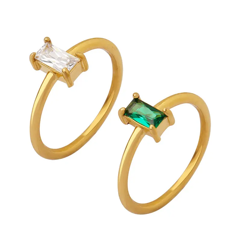 Delicate 18k Gold Plated Stainless Steel Green Emerald White Clear AAA Cubic Zirconia Ring Minimalist Jewelry