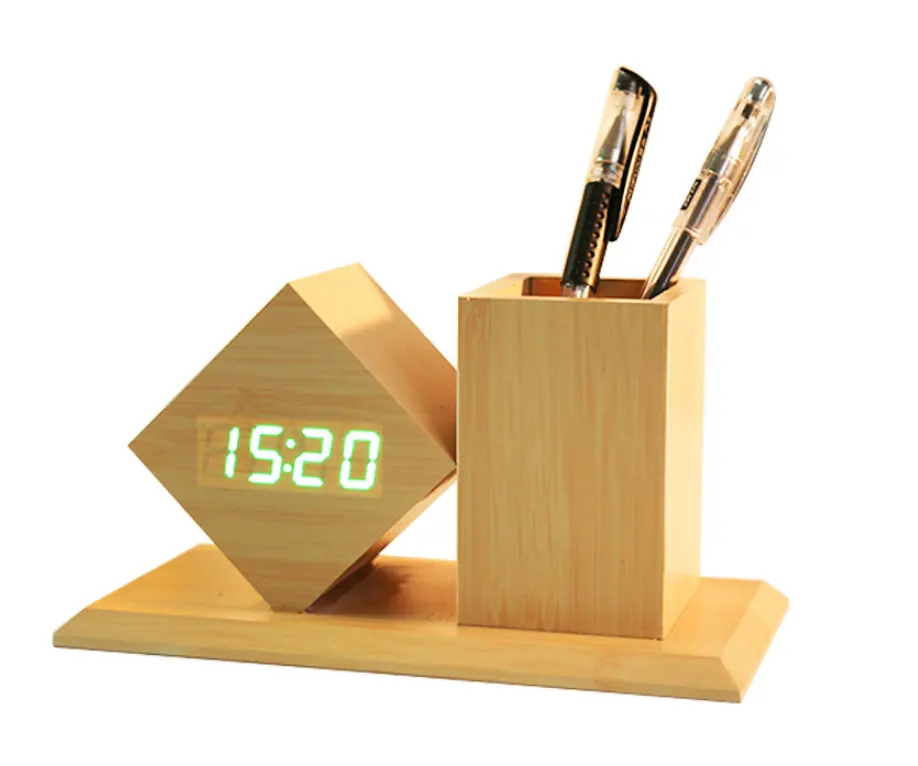Manufacturer Custom Decor Square Stand Kid Desk Table Wood Digital Led Alarm Clock With Pen Holder