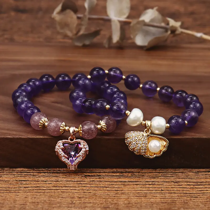 Bracelet en perles d'améthyste, 1 pièce, élégant, en cristal, pendentif, perle en coquille d'oeuf