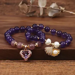 New Design Elegant Amethyst Pearl Shell Bracelet Crystal Amethyst Beads Peanut Pearl Pendant Bracelet