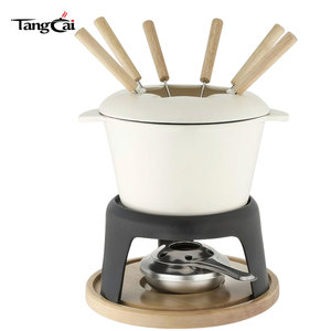 Ensemble de fondue en <span class=keywords><strong>fonte</strong></span> <span class=keywords><strong>émaillée</strong></span> blanc crème, directement de l'usine, avec support métallique et fourchettes, pot à chocolat fondu de 1,6 QT, kit de fondue au fromage - Product Image 4