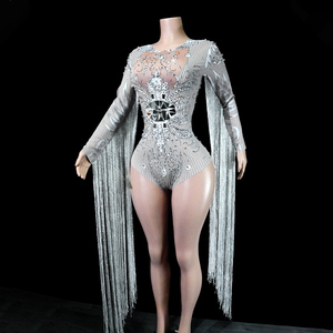 Combinaison Glamour Burlesque à Paillettes Argentées Faite à la Main avec Longues Franges, Costume de Scène pour Chanteuse de Boîte de Nuit, Diva de Cabaret, Performance Pop - Product Image 1