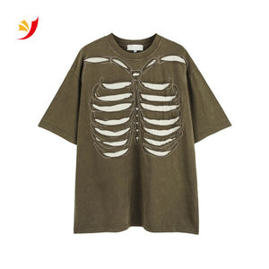 2024 en Stock Hip Hop hombres <span class=keywords><strong>camisetas</strong></span> frente trasero bordado <span class=keywords><strong>esqueleto</strong></span> Patchwork pesado algodón ácido lavado Streetwear camisas - Product Image 4