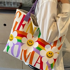 GENTLE WOMAN Fashion Rainbow Print Canvas Tote Bag Off White Green Orange Purple Letter Pocket Shoulder Bag Everyday Use - Product Image 4