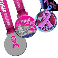 Medalla de lujo personalizada Rosa esmaltada, abalorios 2D3D, fabricante de medallas de cordón para concientización sobre el cáncer de mama