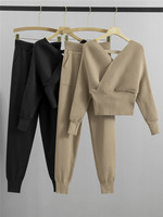 Femmes hiver chaud confortable chauve-souris manteau pantalons longs ensemble doux plissé surdimensionné col en v tricoté pull fourrure respirant