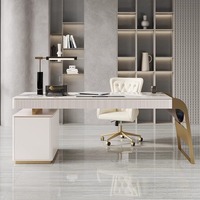 Bureau d'ordinateur moderne blanc avec plateau en marbre, structure métallique et tiroir, mobilier de bureau exécutif pour la maison