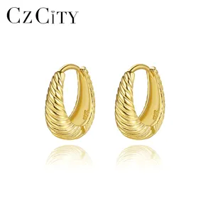 CZCITY Hoop Sterling Silver Ear Woman Plated Base Metal Thick Earing Clip On Gold Twisted Earring