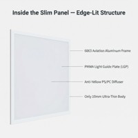 Panneau LED ultra-mince à éclairage périphérique 10 mm, 60W, 2x4FT (595x1195mm), 6000lm, 5CCT, IP20, angle de faisceau 112°, Ra>80, pour bureaux ouverts, CE