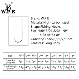 W.P.E 1PACK Móc Câu 8 #-4/0 # Thép Carbon Cao Thép Gai Aberdeen Cá Chép Cá Bay Móc Dài Shank Ống Vòng - Product Image 3