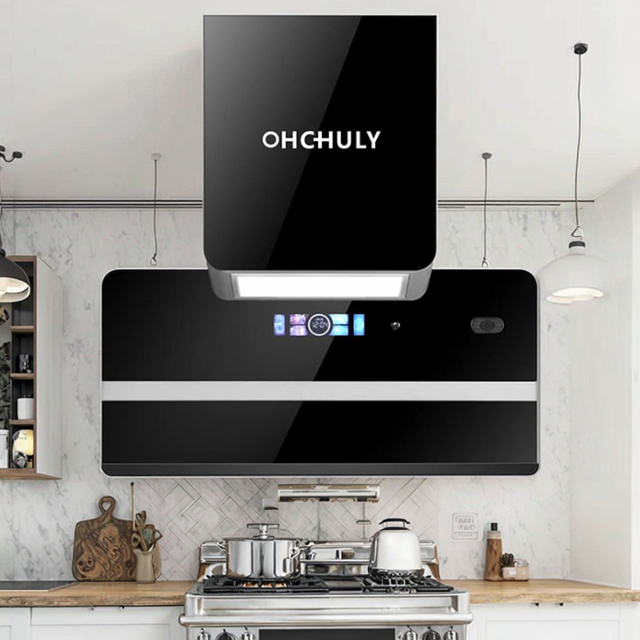 900mm Kitchen Wall-Mounted Electric Auto Cleaning Baffle Filter Vented Side Suction Hood 32# Copper Motor 1200m3/hr Airflow