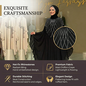 Abaya noire à manches chauve-souris avec détail drapé en strass pour tenue de prière modeste - Product Image 3