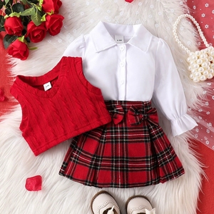 Completo per Bimba in Stile Coreano Camicia a Maniche Lunghe+Gilet+Gonna a Pieghe Set di <span class=keywords><strong>Vestiti</strong></span> per Bambini Rosso Carino Set per Bambini per Compleanno - Product Image 3