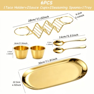 Juego de 6 piezas de acero inoxidable dorado para servir tacos, soporte duradero para tacos con tazas para salsas, cucharas para condimentos y bandeja de servicio para restaurante - Product Image 6
