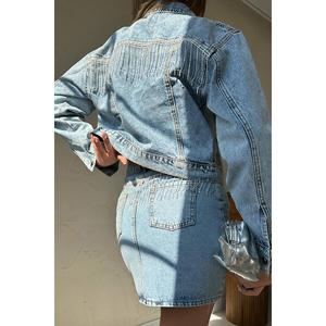 Ensemble veste en jean bleu pailleté pour femme, manches longues, tenue vintage en denim de coton - Product Image 1