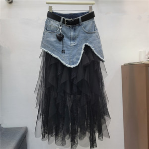 Fashion Denim Patchwork Temperament Mesh Half <b>Skirt</b> for <b>Women</b>, 2026 Summer New Light Luxury A-Line Half <b>Skirt</b> - Product Image 2