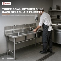 Évier de cuisine professionnel sur mesure en acier inoxydable 304 201 à trois bacs avec égouttoir, autoportant, pour restaurant