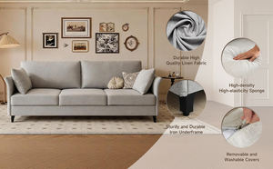 हल्के ग्रे लिनन कपड़े 3-सीटर सोफे के साथ रहने वाले कमरे के लिए और उच्च-इलास्टिक स्पंज बैकरेस्ट के साथ बेडरूम - Product Image 2