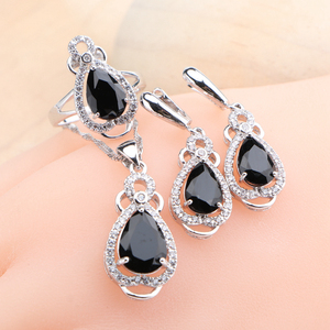 Conjuntos de joyería de plata 925 de circonita cúbica negra, Boda nupcial para mujer, anillo de piedras blancas, Pendientes colgantes, collar, conjunto de pulseras - Product Image 2