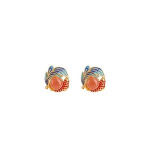 Imitation Natural Chalcedony Koi Enamel Glaze Zircon <b>Earrings</b> for Women New Chinese Style Retro Cloisonne Women's <b>Earrings</b> - Product Image 3