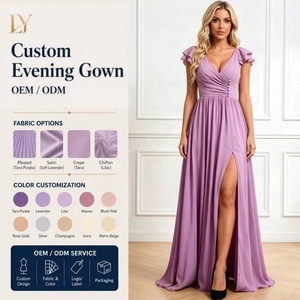Fabricant de robes de soirée longues sur mesure à volants, manches courtes, col en V, froncées et à fente haute pour la vente en gros - Product Image 1