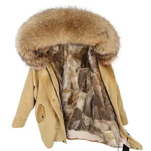 Jaket Corduroy Bulu Kelinci Asli Mantel Berjajar Jaket Musim Dingin Hangat Kerah Bulu Rakun Asli Mantel Parka Panjang Mantel Bulu Alami