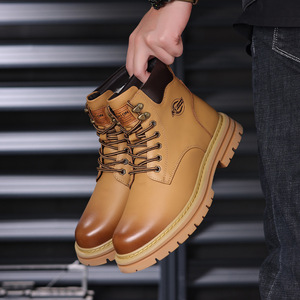 Bottes d'hiver pour hommes mi-mollet en cuir pleine fleur véritable doublées en polaire de laine et coton, respirantes, imperméables, décontractées, jaunes - Product Image 3