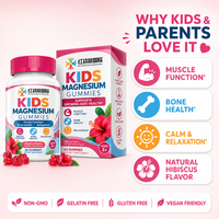 Complément alimentaire personnalisé OEM ODM sous marque privée, Gummies de magnésium pour enfants, testé par un tiers, sans gélatine, sans gluten, saveur hibiscus