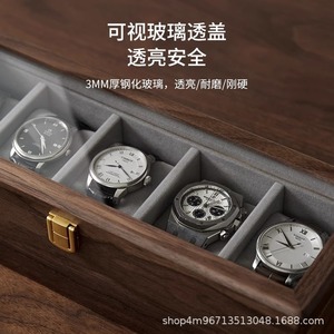 Walnut Wood <b>Watch</b> Storage Box Rectangle Solid Wood Display <b>Case</b> With Glass Lid 10 Compartment Organizer For Home Desktop Use - Product Image 2