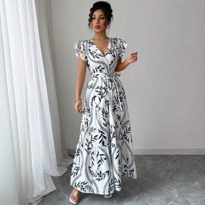 Robe d'été décontractée pour femme 2025, imprimé floral, coupe trapèze, manches courtes, ourlet naturel, longueur ras du sol, tricotée, imprimée numériquement, devant ODM - Product Image 1