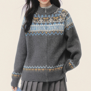 Maglione da <span class=keywords><strong>Donna</strong></span> <span class=keywords><strong>con</strong></span> <span class=keywords><strong>Zip</strong></span> e Motivo Nordico - Top Casual Trendy per Tutti i Giorni - Product Image 3