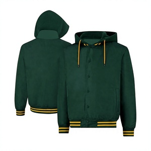 เสื้อแจ็คเก็ตวาร์ซิตี้มีฮู้ดสีเขียวเข้มสำหรับผู้ชาย แต่งขอบสีเหลือง ปิดด้วยกระดุม สวมใส่สบายๆ ในฤดูใบไม้ร่วง คุณภาพสูง - Product Image 2