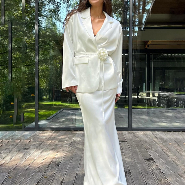 H-8288 Elegant Commuter Outfit Solid White Blazer and Midi Skirt with Long Sleeve Satin Tie Casual Style for Autumn Season