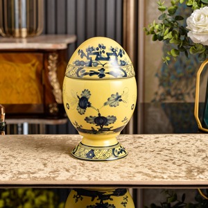 Yellow Bone China Egg Shaped Eco-Friendly Dish Blue Floral Pattern Lid Food Safe Party Use Home Decor Traditional Chinese Style - Product Image 1