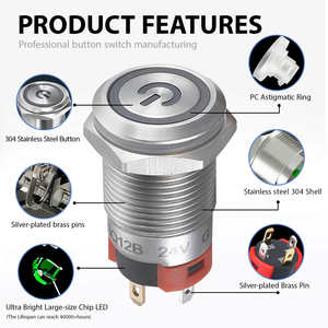 Interruptores de Botón Pulsador de Acero Inoxidable de Control de Señal 5A, Interruptor de Botón <span class=keywords><strong>Micro</strong></span> de 12 mm, 16 mm, 19 mm para Automóvil Eléctrico con Lámpara - Product Image 3