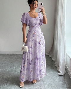 เดรสยาวทรงเอพิมพ์ลายดอกบัวสไตล์วินเทจยุโรปอเมริกัน  ทรงเข้ารูป  หรูหรา  เอวธรรมชาติ  ป้องกันไฟฟ้าสถิต  เป็นมิตรต่อสิ่งแวดล้อม - Product Image 6