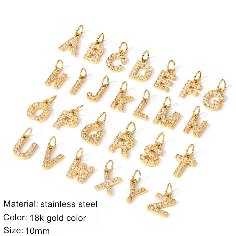 PVD 18K Gold Plated Stainless Steel Pave Diamond CZ Micro 26 Alphabet Initial Letter Charms Pendants for Necklace Jewelry Making