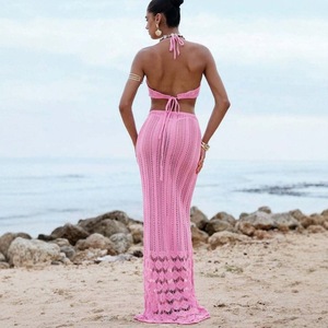 2026 été femmes Sexy flottant fleur suspendu cou débardeur tricoté jupe <span class=keywords><strong>maillot</strong></span> de bain 2 pièces nager couvrir Crochet <span class=keywords><strong>robe</strong></span> de plage - Product Image 4