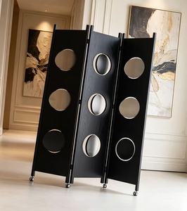Premium 3-<b>Panel</b> Folding Room Divider Black Wood Circular Cutout <b>Mirror</b> Privacy Screen With Wheels For Living Room - Product Image 2
