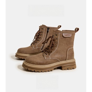 Botas de tobillo de ante lavado marrón vintage para mujer, con cordones, costuras en contraste, botas gruesas retro con plataforma gruesa, botas cortas informales para el trabajo - Product Image 3