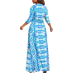 Elegante Vestido Maxi Azul Claro Estampado para Mujer, Casual, de Verano, para Fiesta, Talla Grande, Sexy, con Cuello en V, Manga 3/4, con Bolsillos - Product Image 3