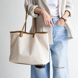 Customized Logo Printed Shopping Oversized Cotton <b>Canvas</b> <b>Tote</b> Bag With Leather Handle - Product Image 3