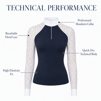 Chemise d'équitation OEM ODM professionnelle personnalisée en dentelle élégante, couche de base en maille pour la performance et la compétition